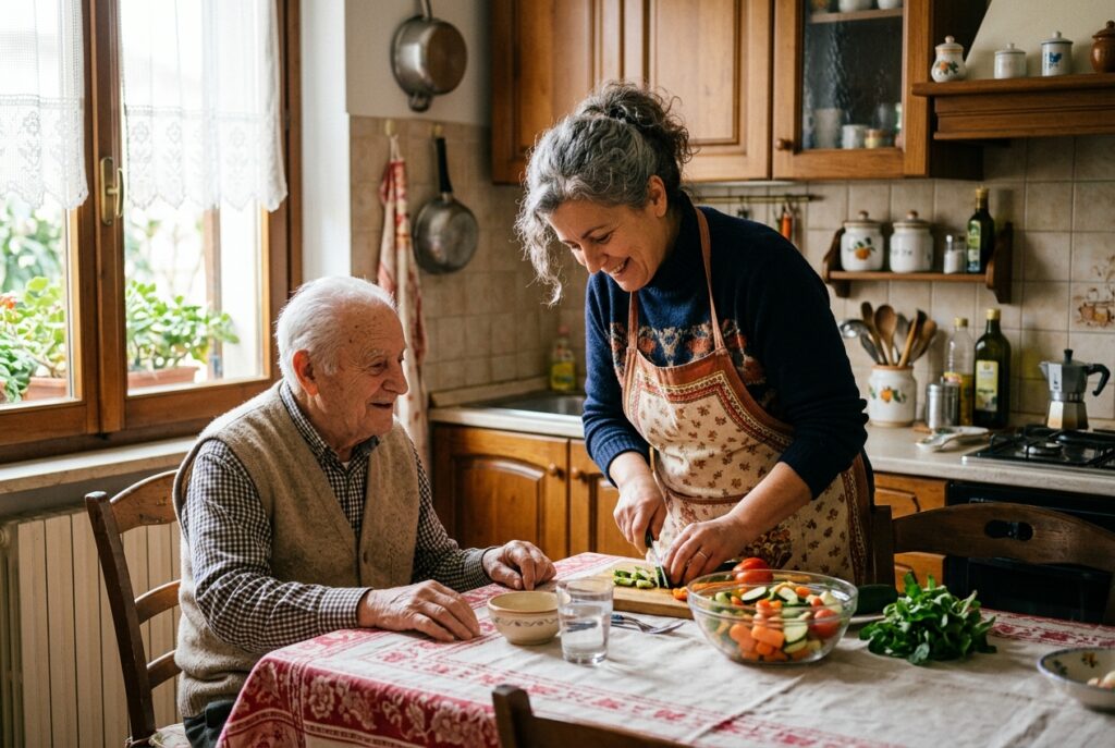 Assistente familiare prepara il pranzo in cucina insieme a un anziano signore