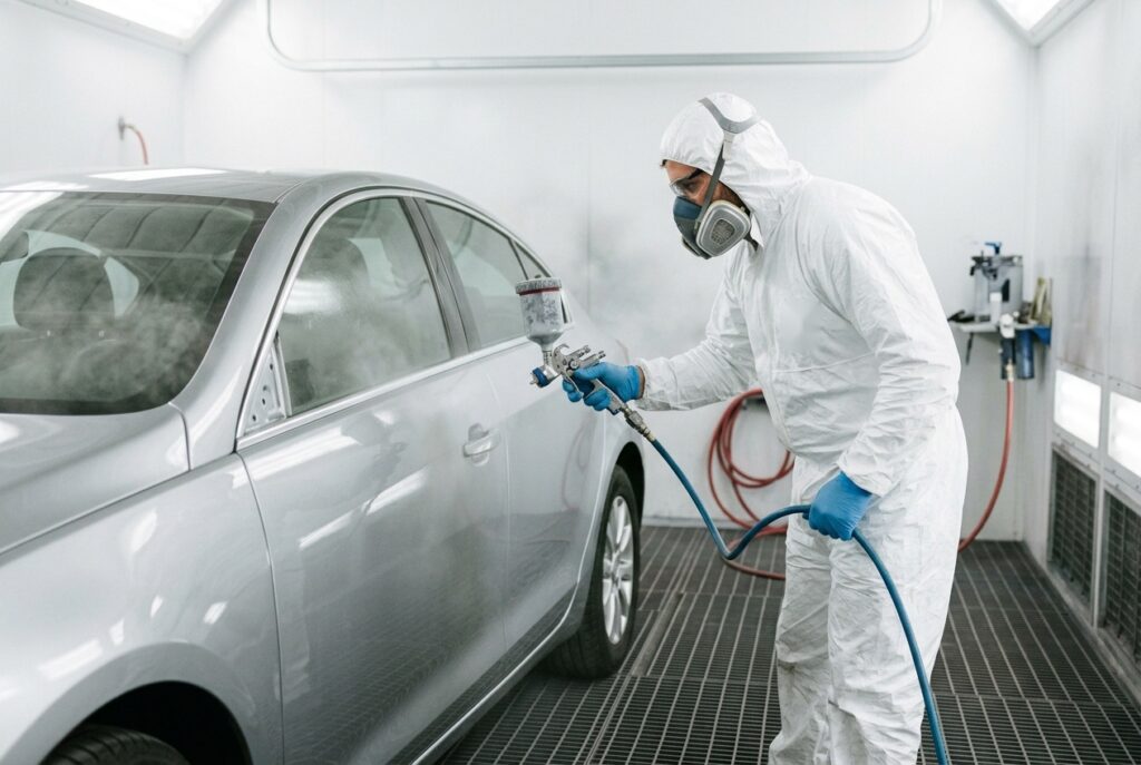 Carrozziere vernicia la portiera di un'auto in cabina, con tuta e maschera protettiva