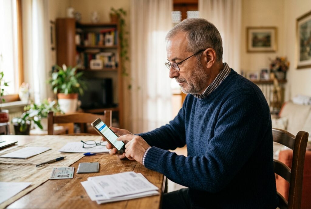 Uomo usa lo smartphone per un servizio pubblico online, con i documenti sul tavolo