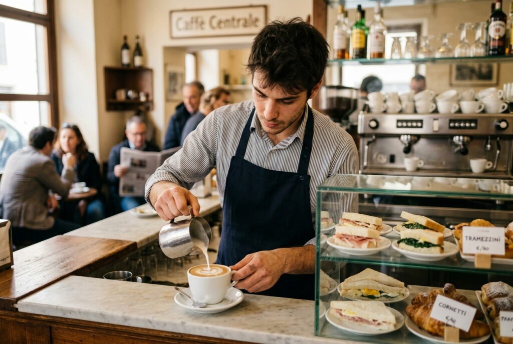 Barista prepara un cappuccino al banco, accanto alla vetrina dei tramezzini
