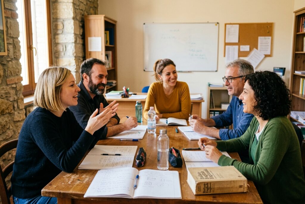 Gruppo di adulti fa conversazione in inglese intorno a un tavolo con l'insegnante