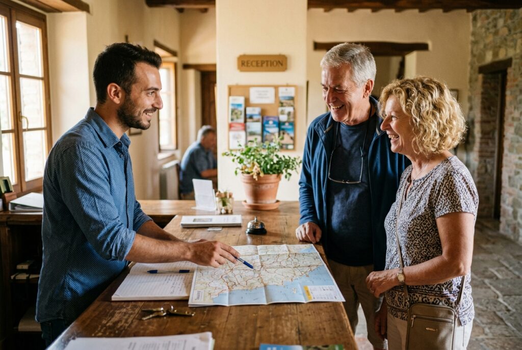 Receptionist d'albergo indica un percorso sulla mappa a una coppia di turisti
