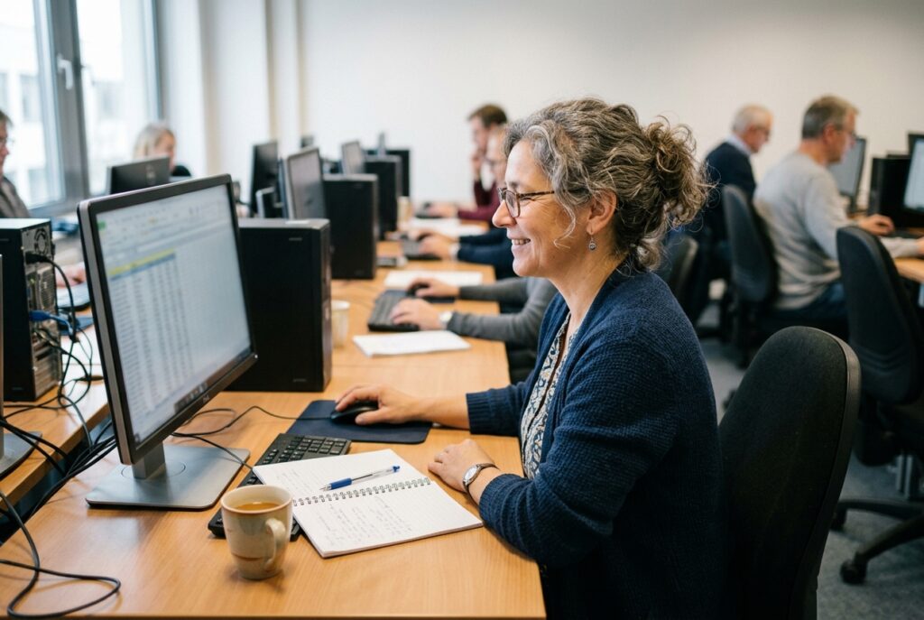 Donna al computer lavora a un foglio di calcolo in un'aula informatica